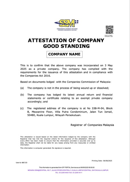 Malaysia attestation of company good standing Word and PDF template